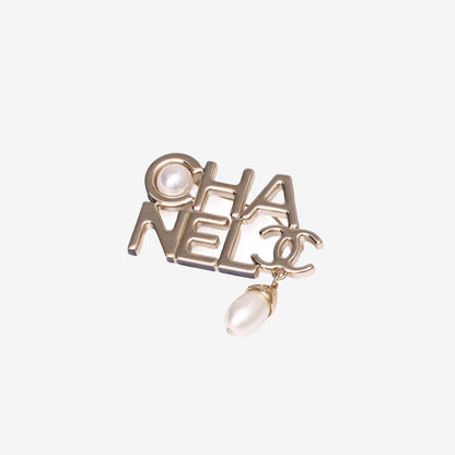 Chanel Logo Pearl Brooch in Light Gold with Resin Pearls
