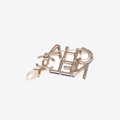 Chanel Logo Pearl Brooch in Light Gold with Resin Pearls
