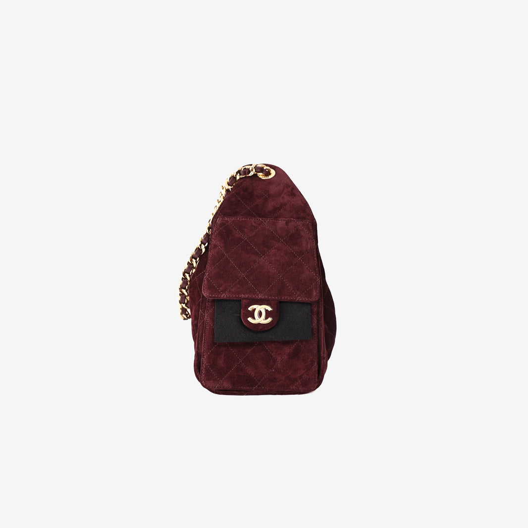 Chanel 26K 25 Hobo Bag Small in Burgundy Suede Calfskin Leather with Gold Hardware