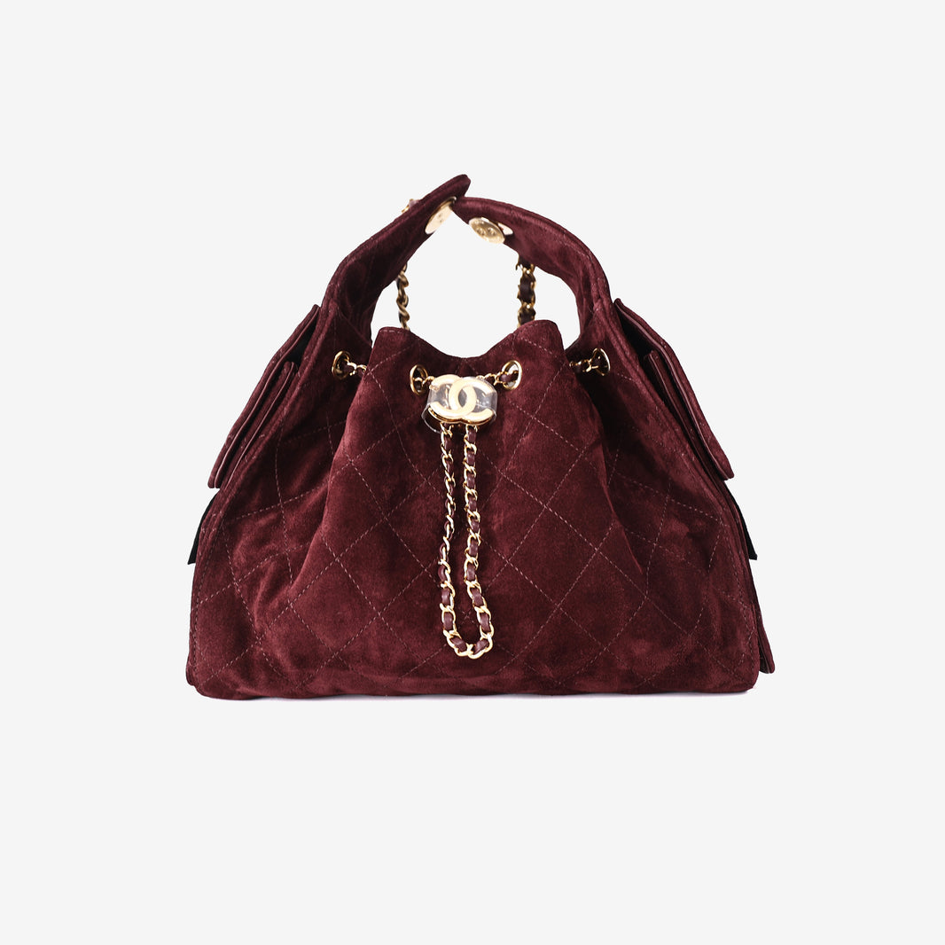 Chanel 26K 25 Hobo Bag Small in Burgundy Suede Calfskin Leather with Gold Hardware