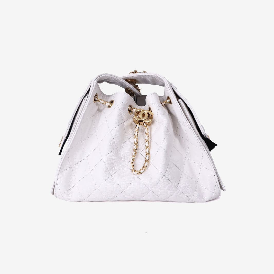 Chanel 25 Small Handbag in White Caviar Leather with Gold Hardware