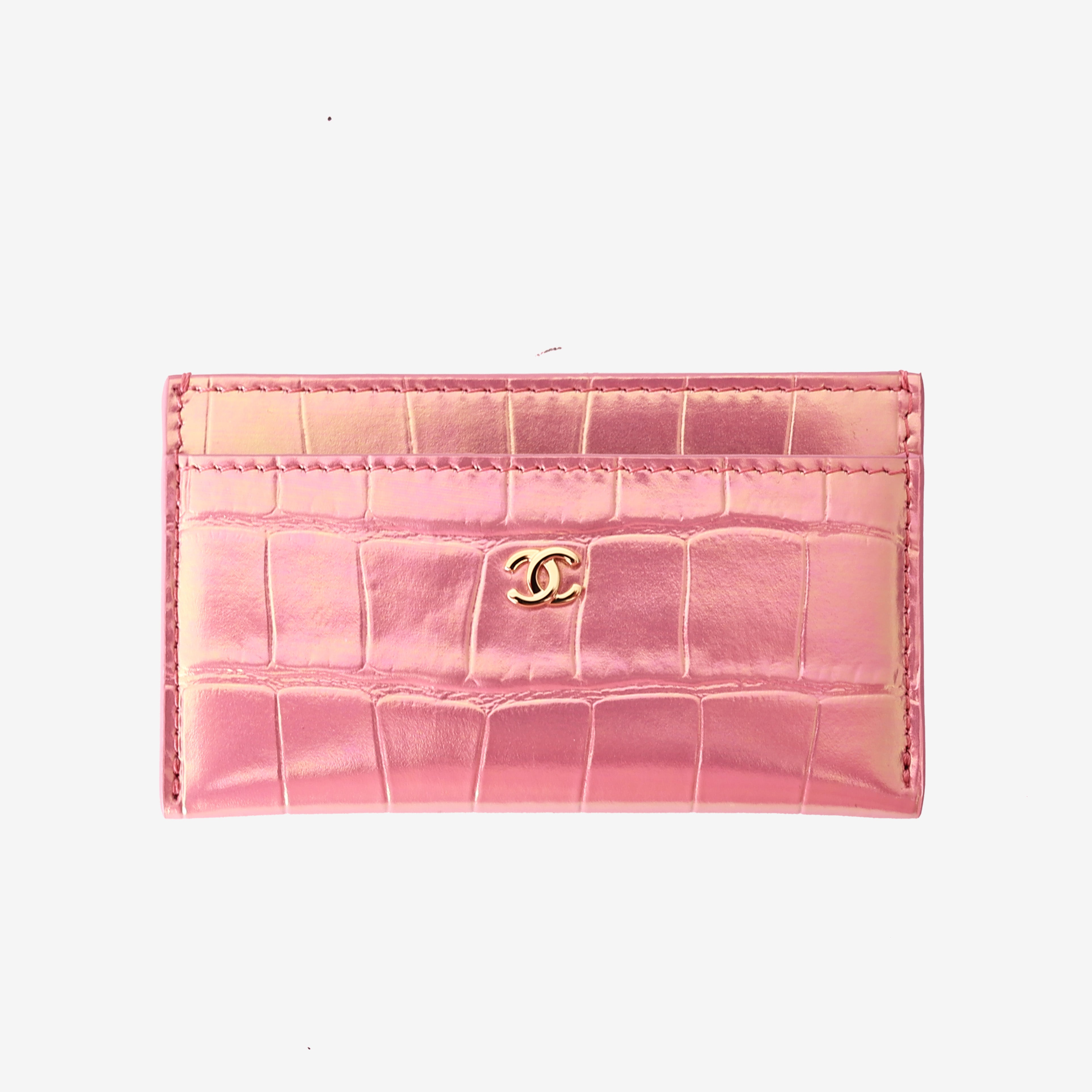 Chanel 26K Cardholder in Pink Crocodile-Embossed Iridescent