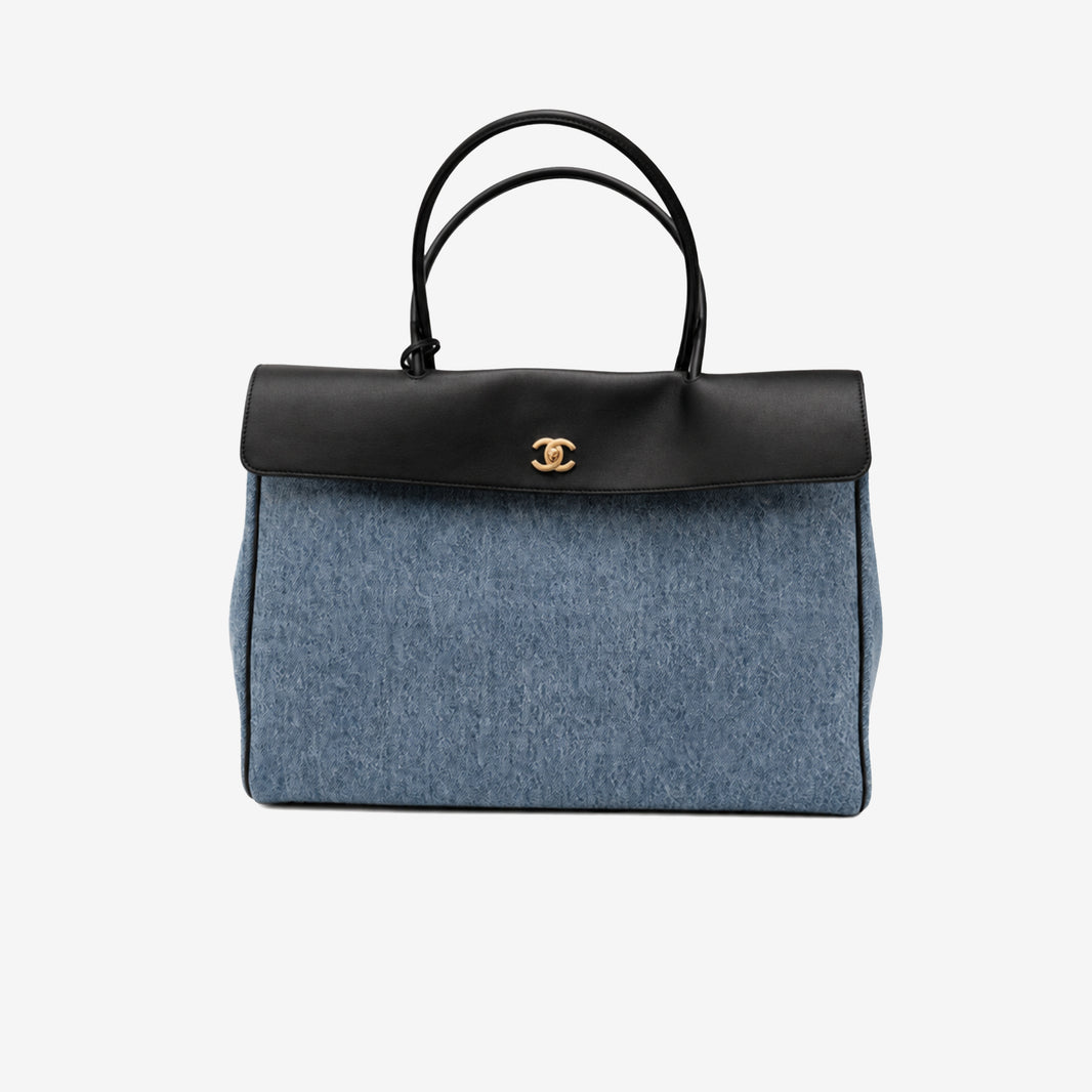 Chanel 26B Large “Urban Essential” East West Shopping Tote in Blue Denim & Black Calfskin with Black & Gold Hardware