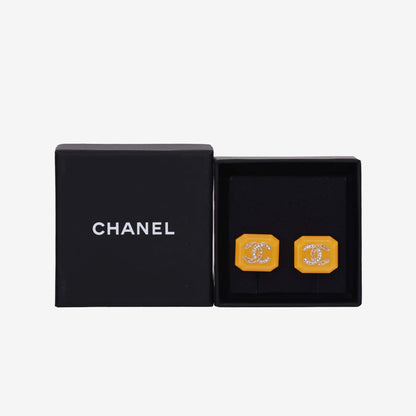 Chanel Amber Yellow Square CC Rhinestone Earrings