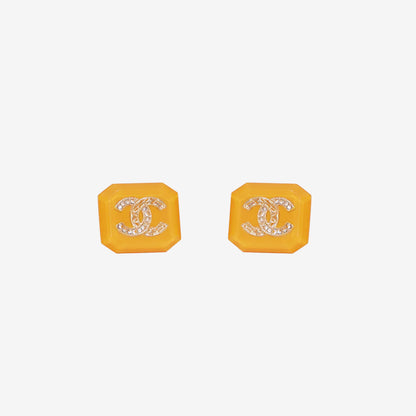 Chanel Amber Yellow Square CC Rhinestone Earrings