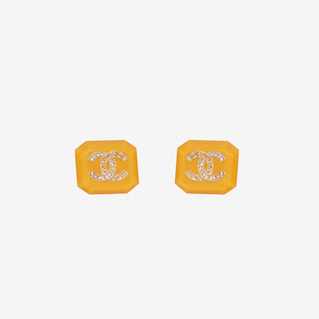 Chanel Amber Yellow Square CC Rhinestone Earrings