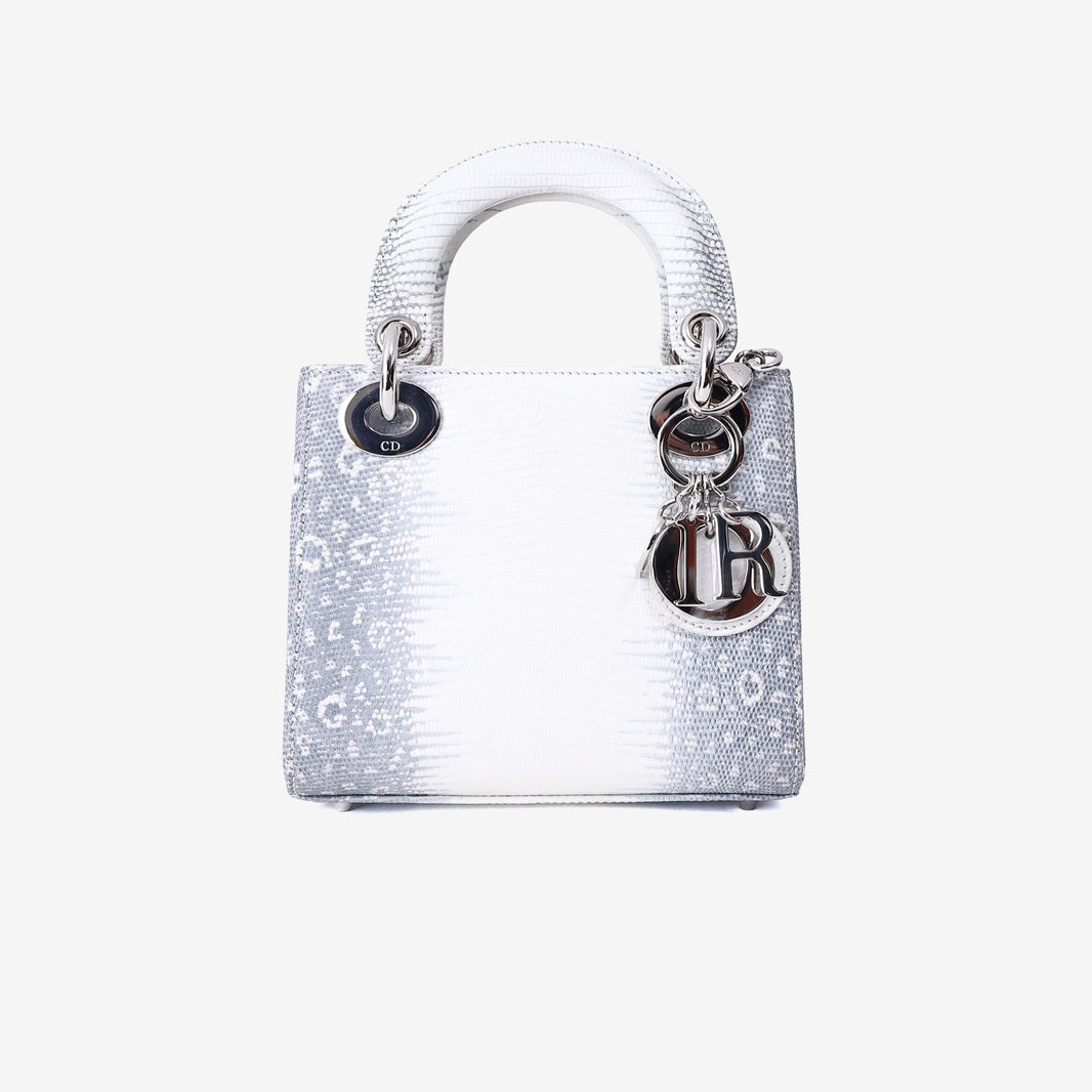 Dior Mini Lady Dior in White/Grey Lizard Leather with Silver Hardware