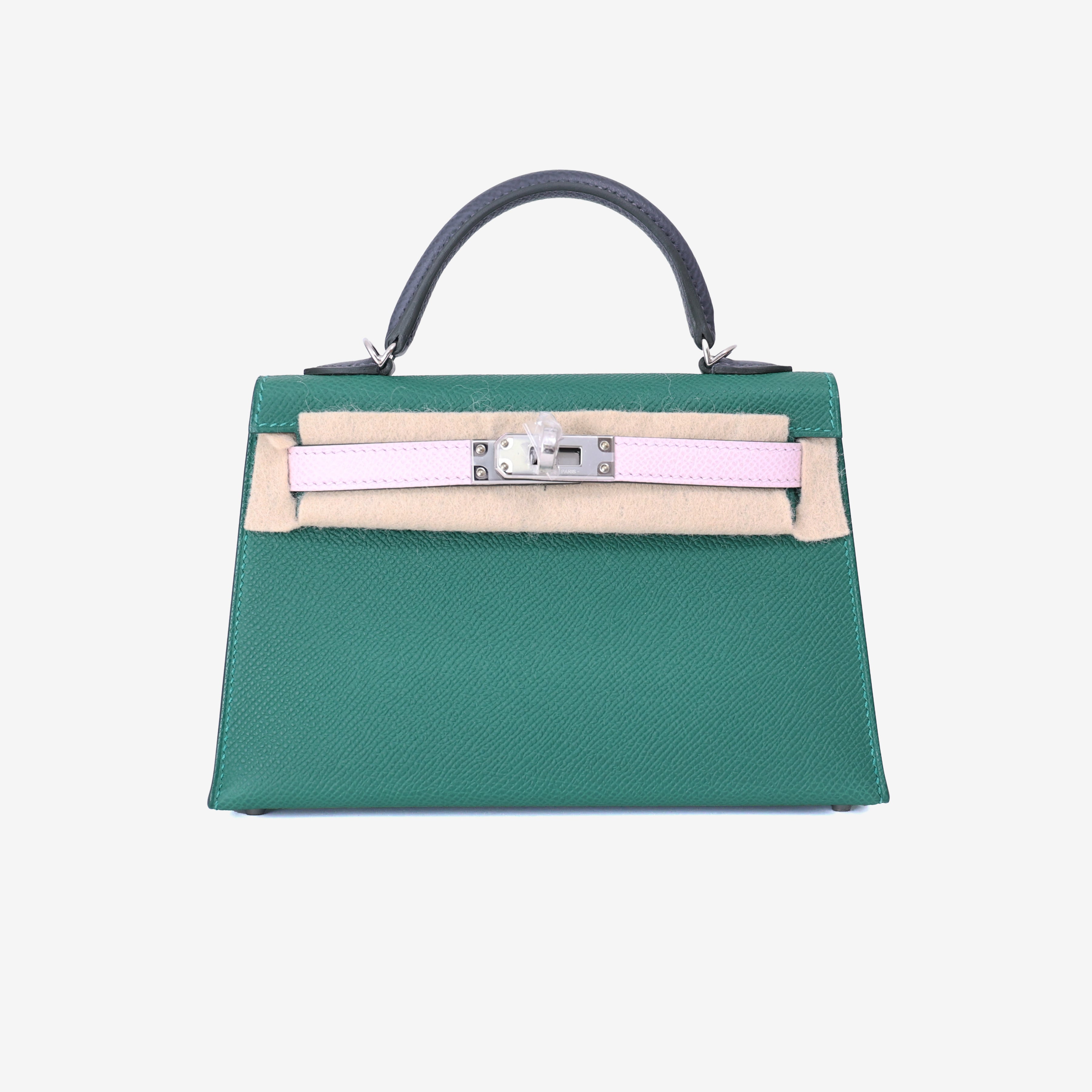 Hermès Mini Kelly 20 in Vert Moyen/Mauve Pale Epsom Leather with Palladium Hardware front view