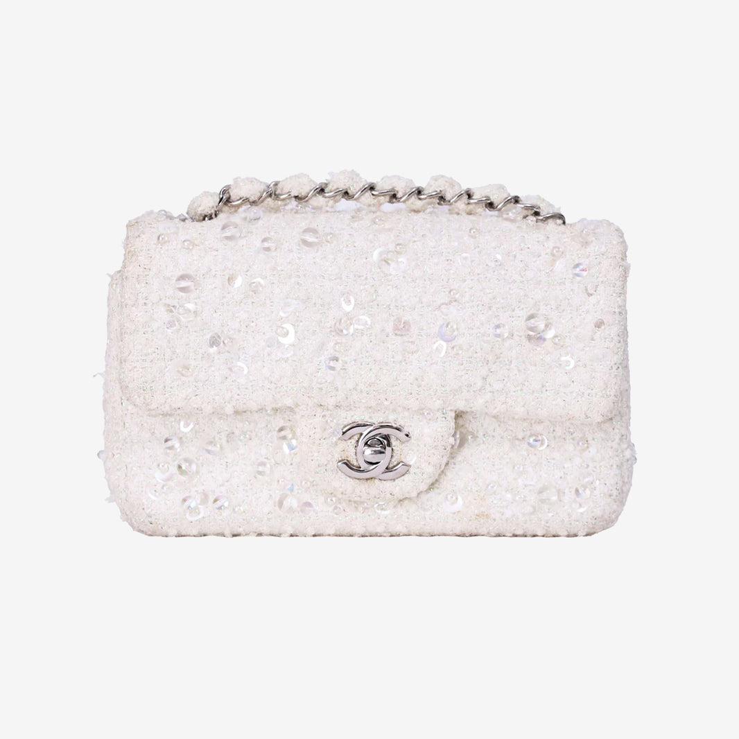 Chanel Tweed Beaded Mini Rectangular Flap in White Tweed with Silver Hardware