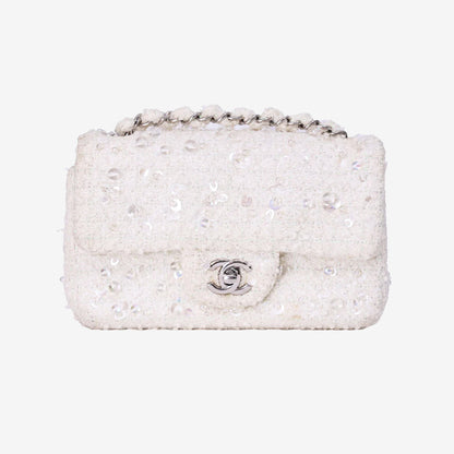 Chanel Tweed Beaded Mini Rectangular Flap in White Tweed with Silver Hardware