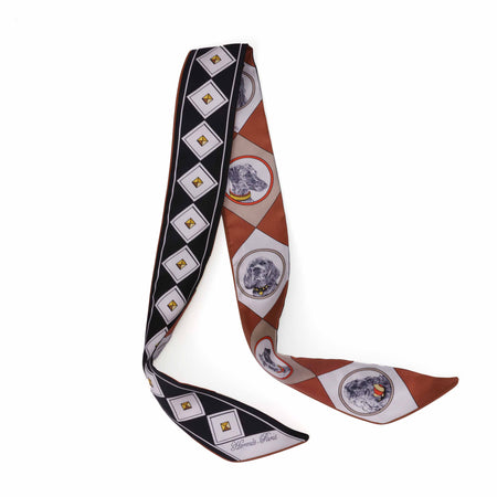 Hermès Colliers et Chiens Forever Twilly in Noir, Blanc and Caramel Silk with Leather Detail