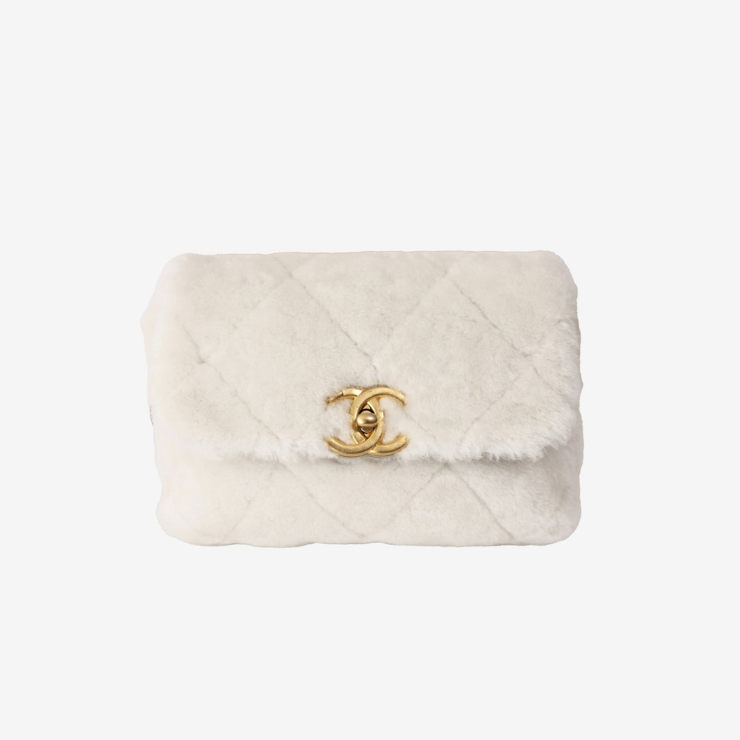 Chanel Shearling Flap Bag in Ecru Shearling/Lambskin Leather with Gold Hardware