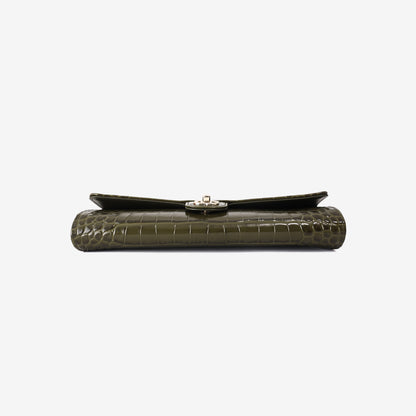 Chanel 26K Chain Clutch in Olive Crocodile-Embossed Calfskin Leather with Gold Hardware