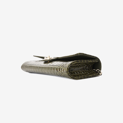 Chanel 26K Chain Clutch in Olive Crocodile-Embossed Calfskin Leather with Gold Hardware
