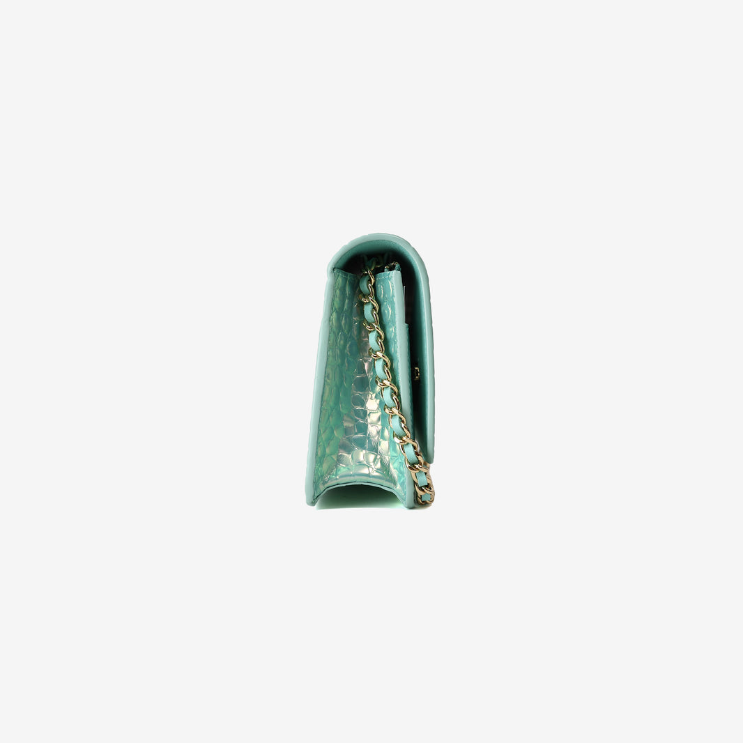 Chanel 26K Wallet on Chain in Turquoise Crocodile-Embossed Iridescent Calfskin with Gold Hardware