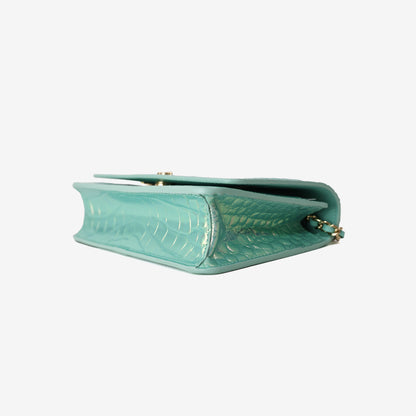 Chanel 26K Wallet on Chain in Turquoise Crocodile-Embossed Iridescent Calfskin with Gold Hardware