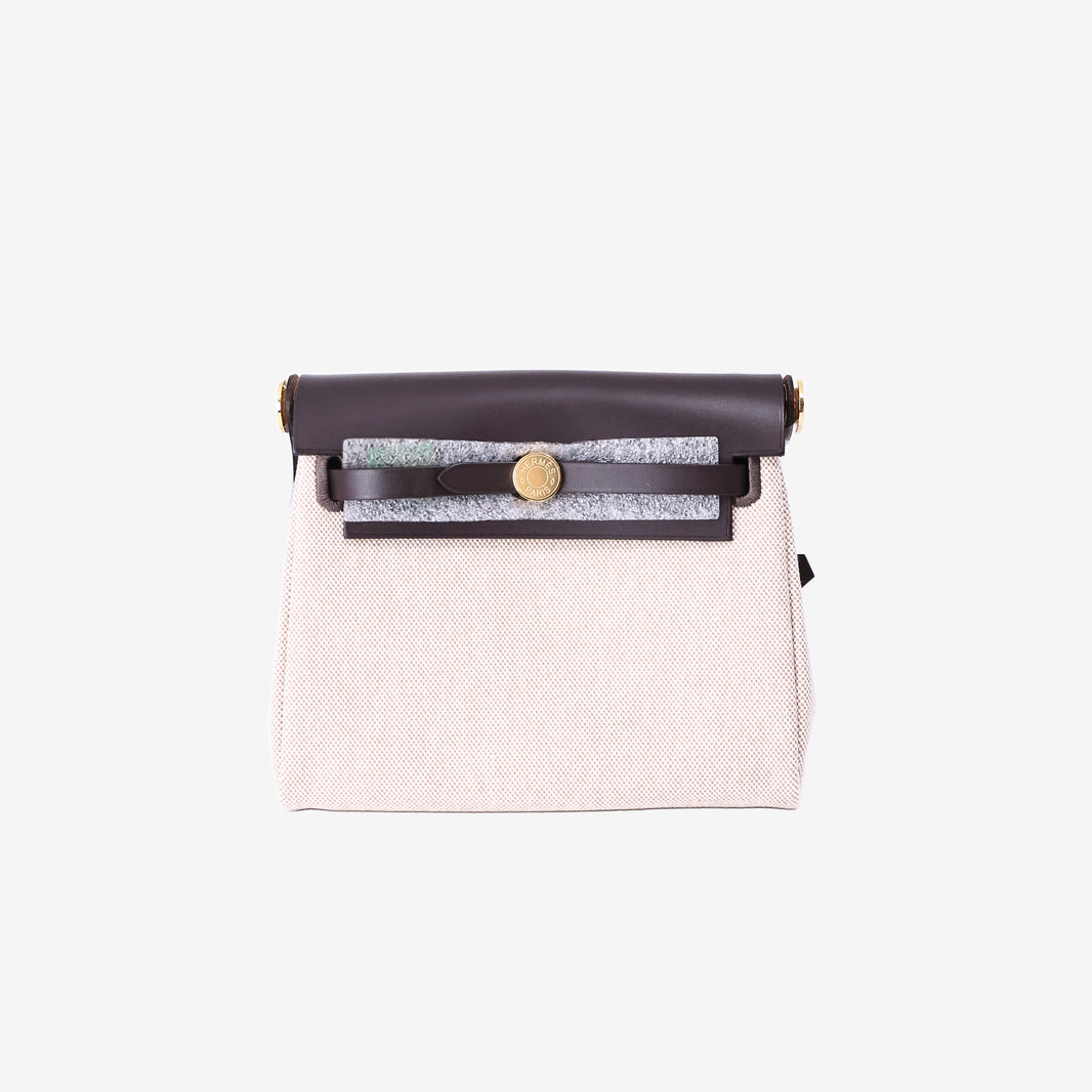 Hermès Mini Herbag Zip 20 in Ebene Vache Hunter Leather and Ecru Toile Canvas with Gold-Plated Hardware