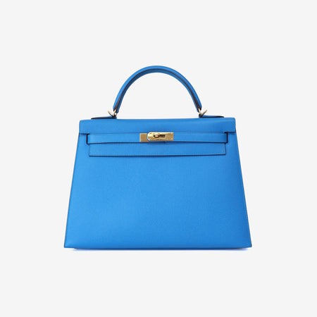 Hermès Kelly 32 in Blue Epsom Leather with Palladium Hardware front view