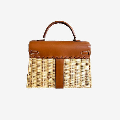 Hermès Kelly Picnic 20 in Fauve Barenia Leather and Osier Wicker with Palladium Hardware