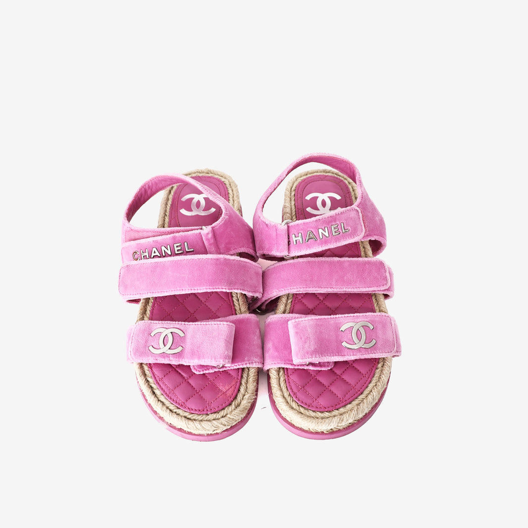 Chanel Pink Velvet Dad Sandals with Jute/Raffia Midsole (EU 36)