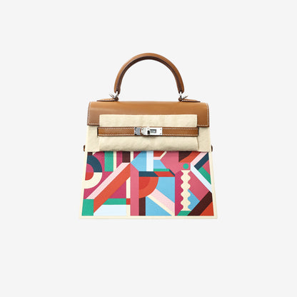 *RARE* Hermès Limited Edition Kellywood Perspective Cavalière Kelly 22 in Multicolour Mixed Leathers with Palladium-Plated Hardware