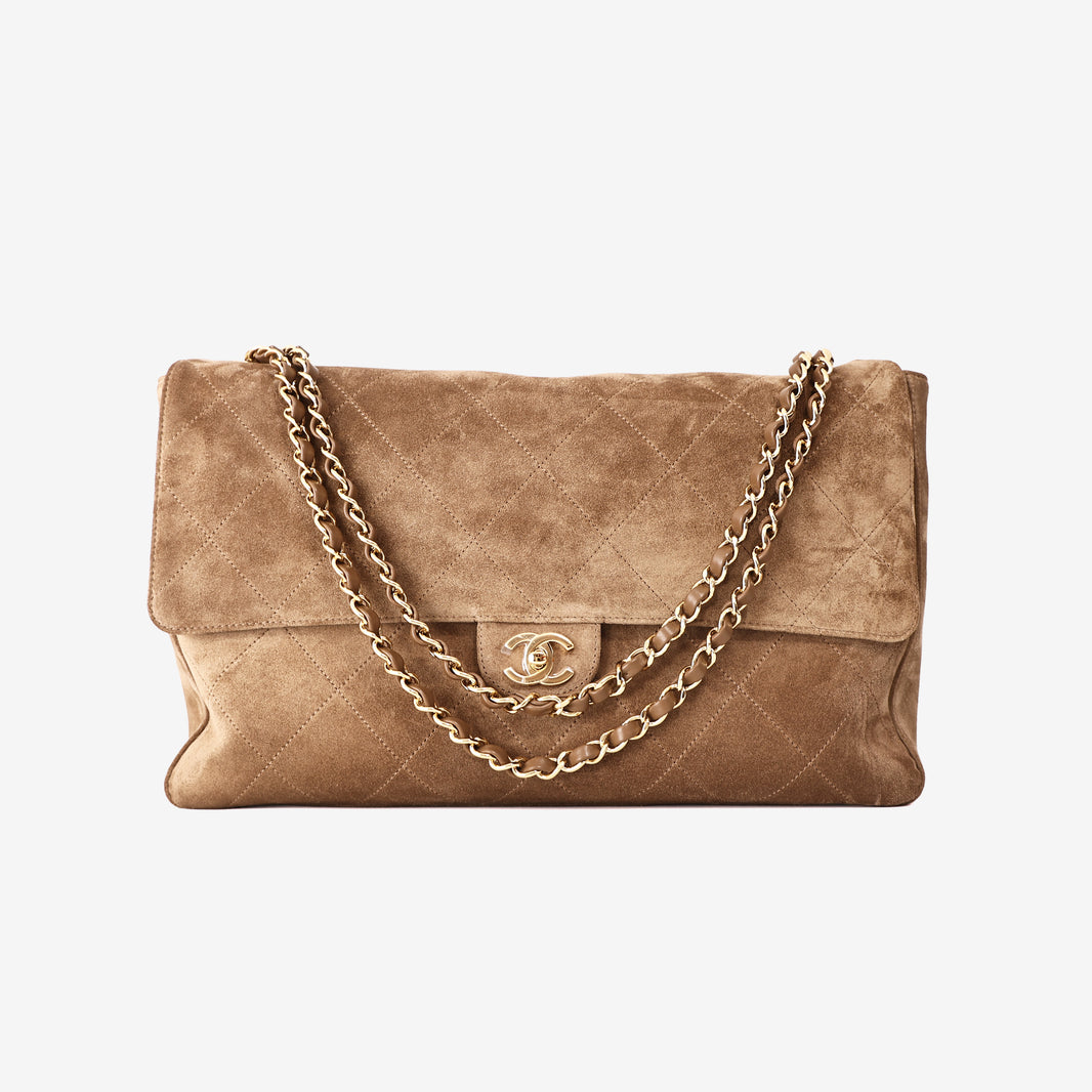 Chanel 26K Maxi Flap Bag 38.5 in Dark Beige Suede/Calfskin Leather with Gold Hardware