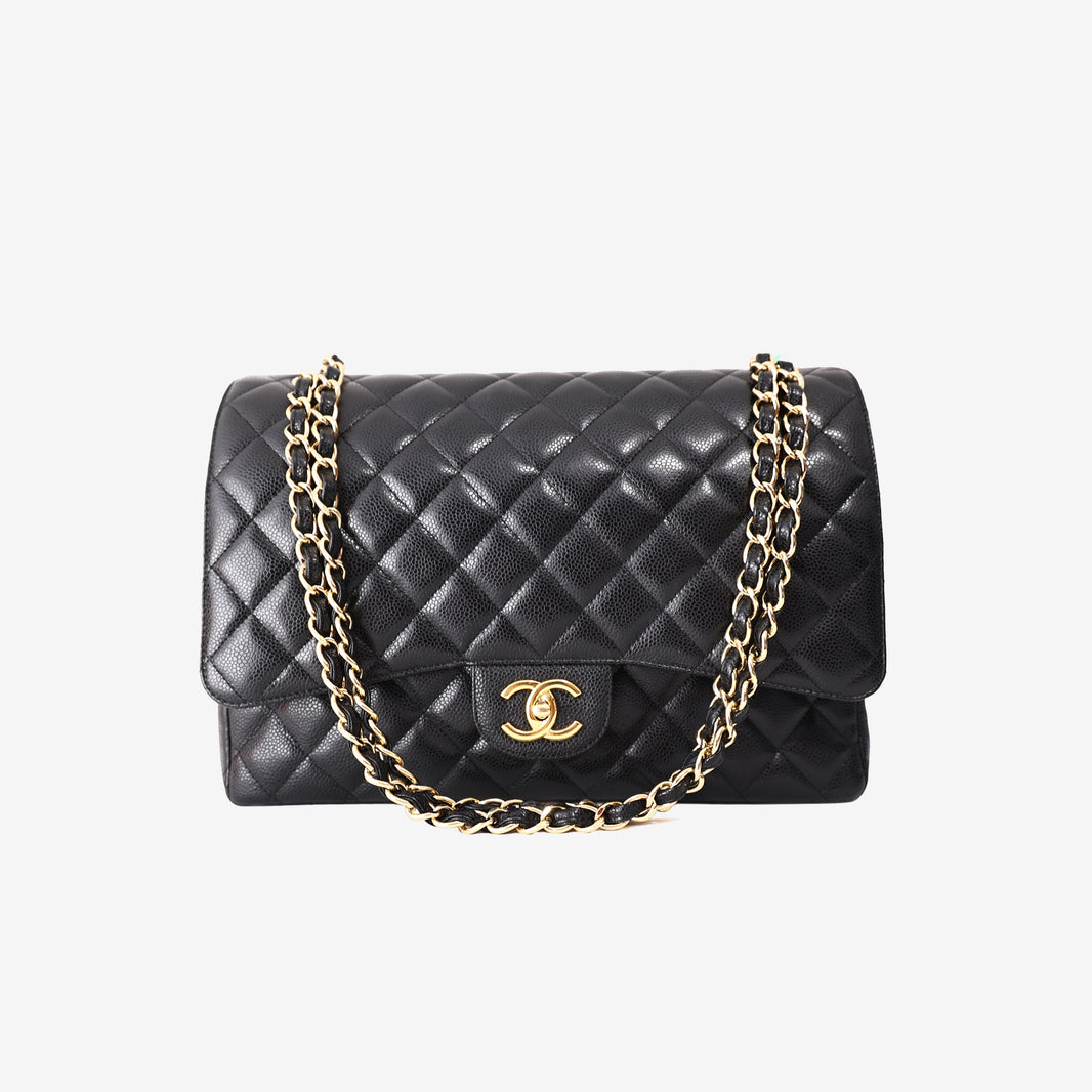 Chanel Classic Double Maxi Flap Bag in Black Caviar Leather with Gold Hardware
