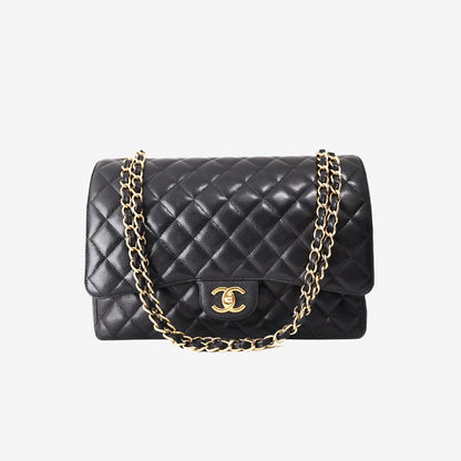 Chanel Classic Double Maxi Flap Bag in Black Caviar Leather with Gold Hardware