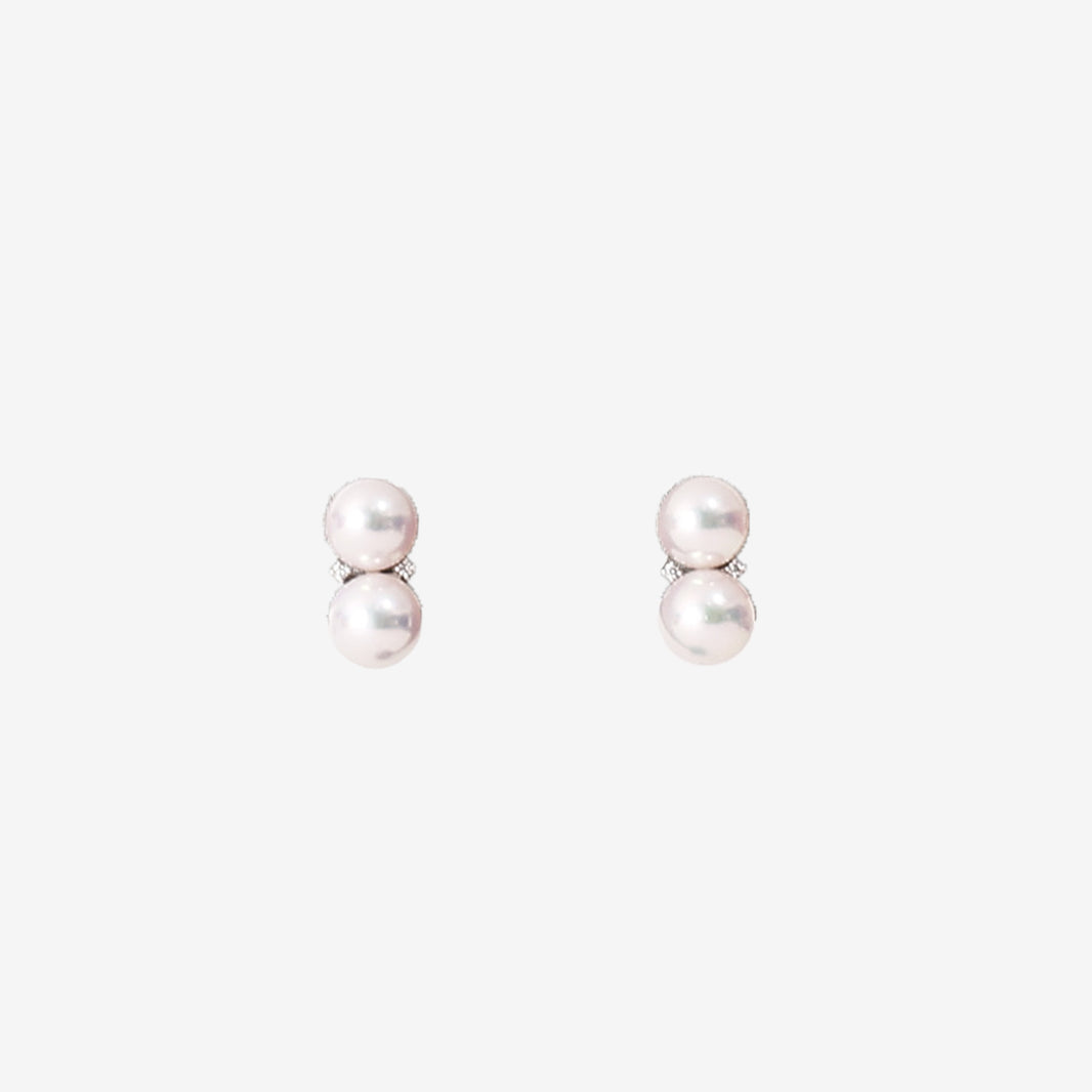 Margarite London Double Pearl Earrings in 18K White Gold with Akoya Pearls and 0.08 ct Diamonds