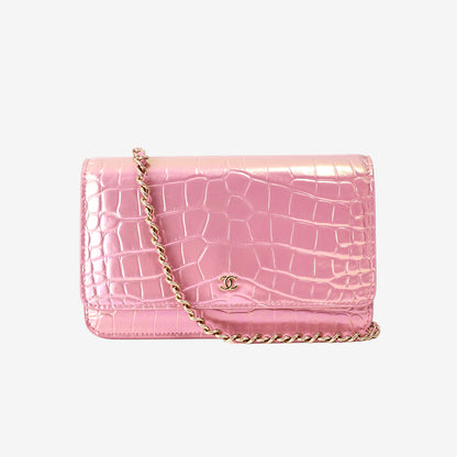Chanel 26K Wallet on Chain in Pink Crocodile-Embossed Iridescent Calfskin with Gold Hardware