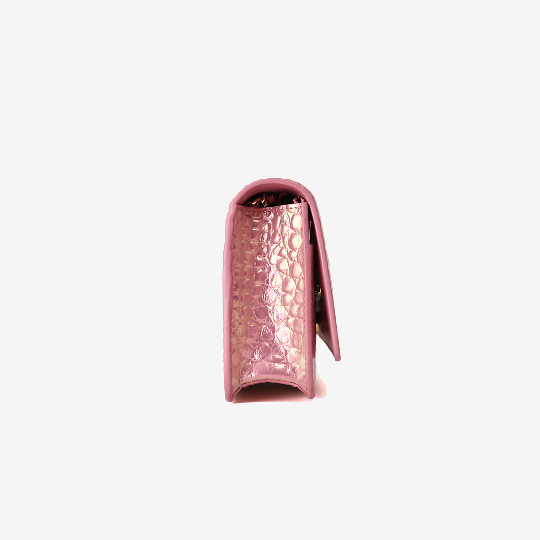 Chanel 26K Wallet on Chain in Pink Crocodile-Embossed Iridescent Calfskin with Gold Hardware
