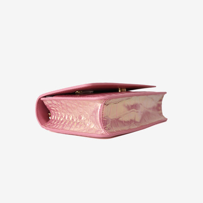 Chanel 26K Wallet on Chain in Pink Crocodile-Embossed Iridescent Calfskin with Gold Hardware