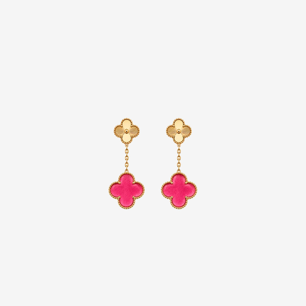 Van Cleef & Arpels Vintage Alhambra 2-Motif Earrings in 18k Yellow Gold Guilloché & Pink Enamel