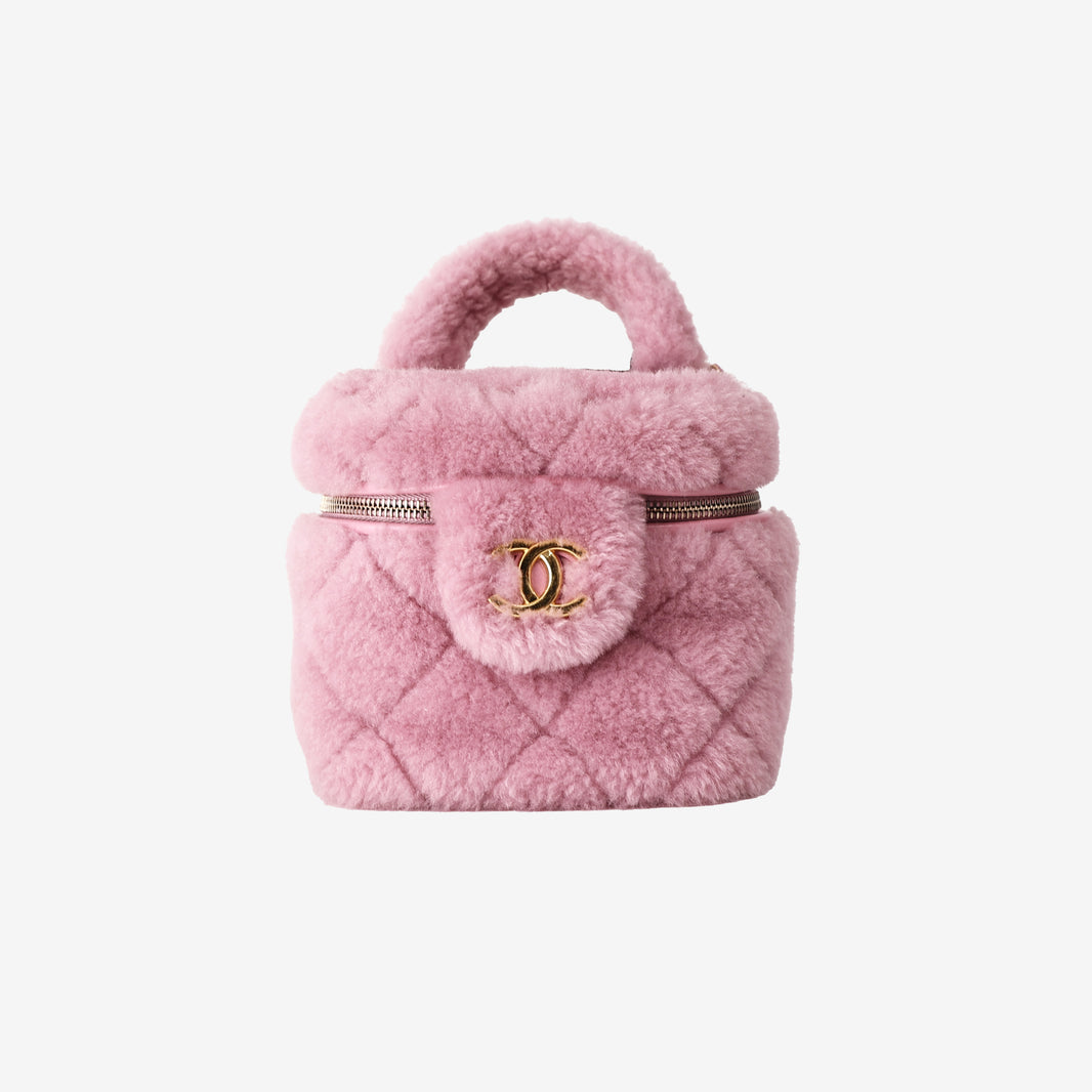 Chanel Mini Coco Handle Shearling Flap Bag in Pink with Gold Hardware