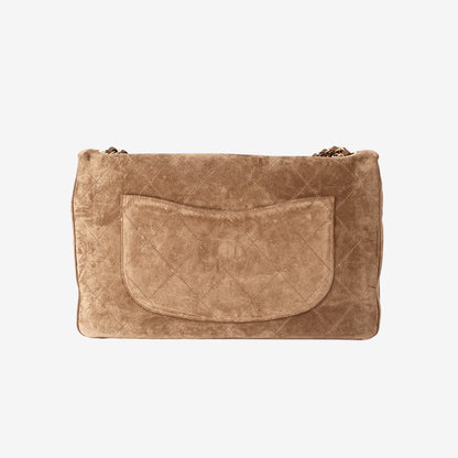 Chanel 26K Maxi Flap Bag 38.5 in Dark Beige Suede/Calfskin Leather with Gold Hardware