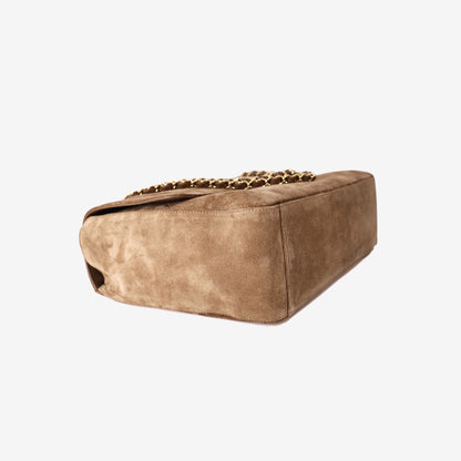 Chanel 26K Maxi Flap Bag 38.5 in Dark Beige Suede/Calfskin Leather with Gold Hardware