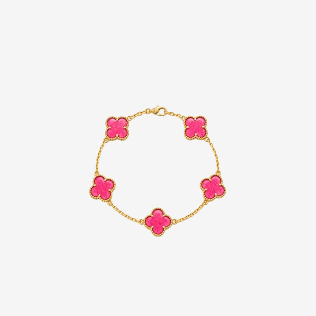 Van Cleef & Arpels Vintage Alhambra 5-Motif Bracelet in 18k Yellow Gold with Pink Enamel