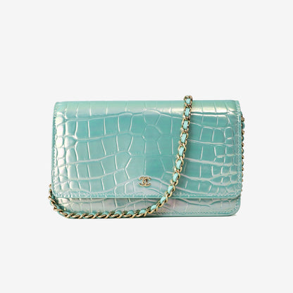 Chanel 26K Wallet on Chain in Turquoise Crocodile-Embossed Iridescent Calfskin with Gold Hardware
